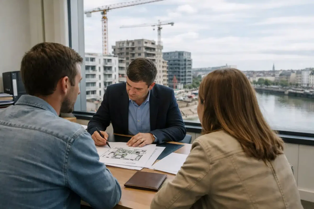 Conseiller signe des documents pour un couple