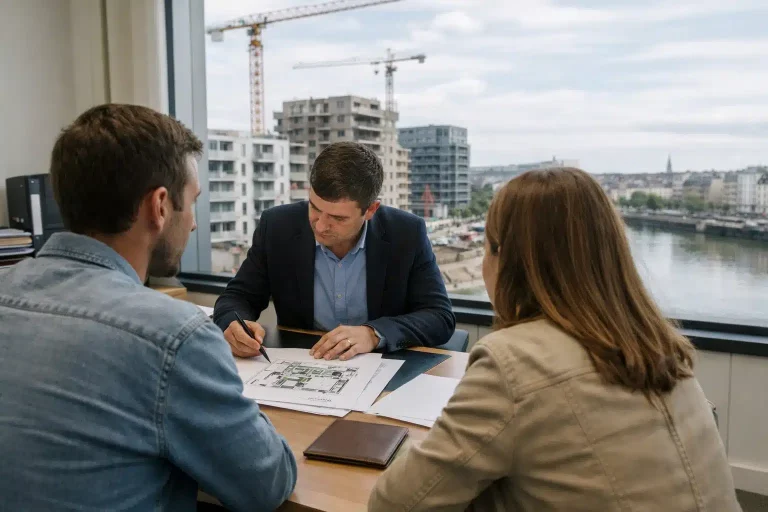 Conseiller signe des documents pour un couple