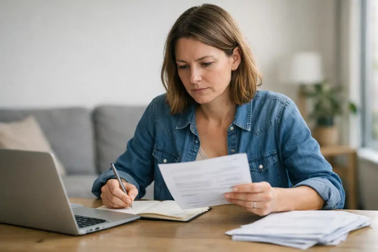 Femme assise examinant des papiers et prenant des notes