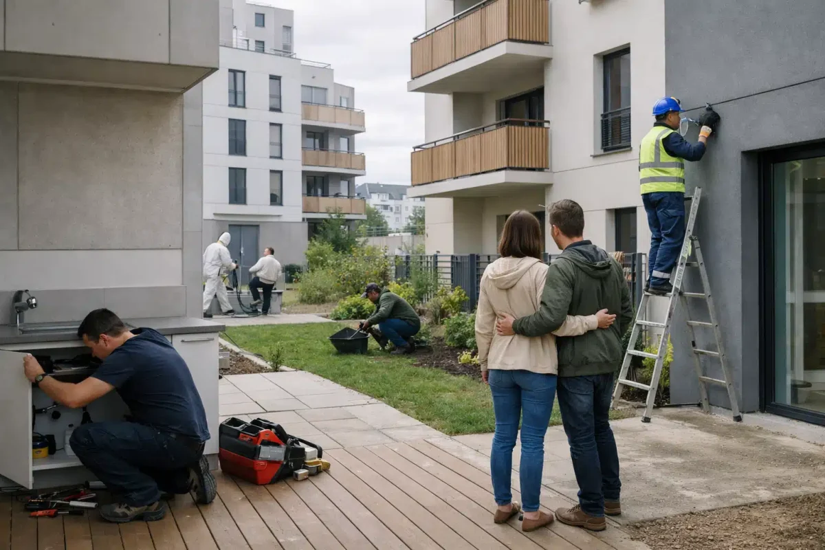 Couple observant des ouvriers aménageant la cour