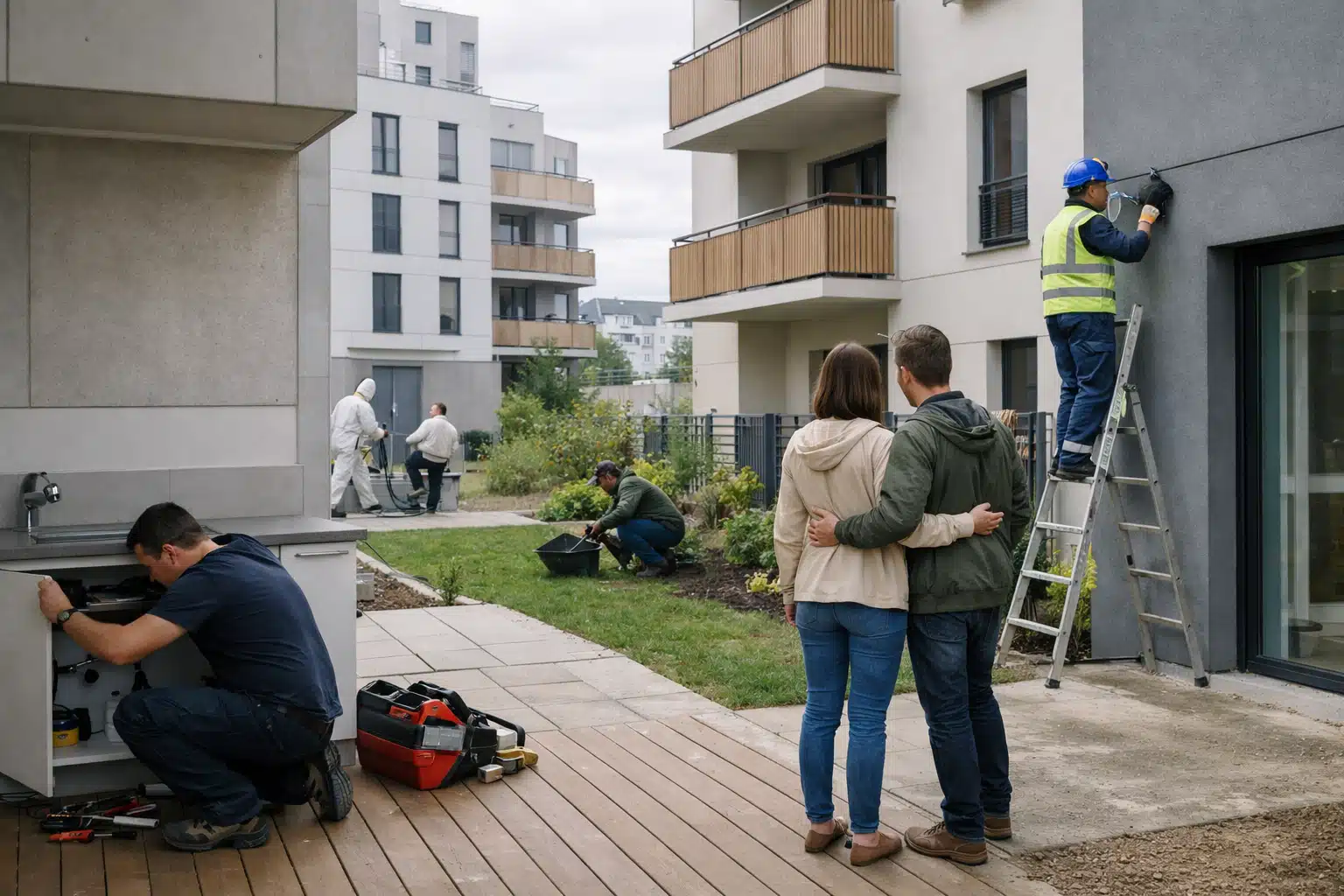 Couple observant des ouvriers aménageant la cour