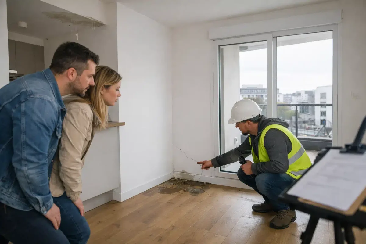 Inspecteur en casque montrant le plancher à un couple