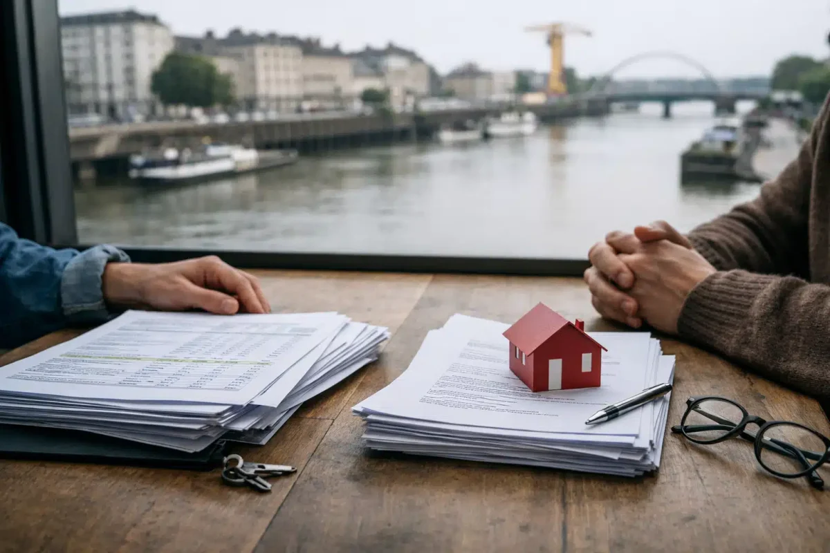 Mains discutant contrats, maison miniature et clés
