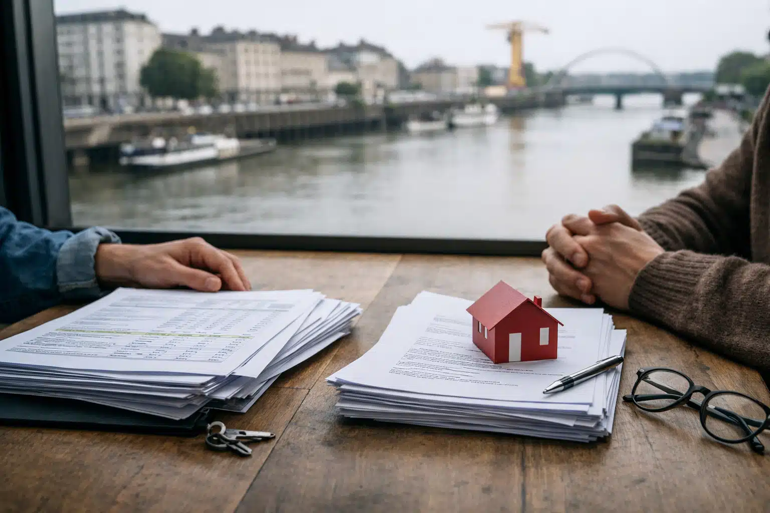 Mains discutant contrats, maison miniature et clés