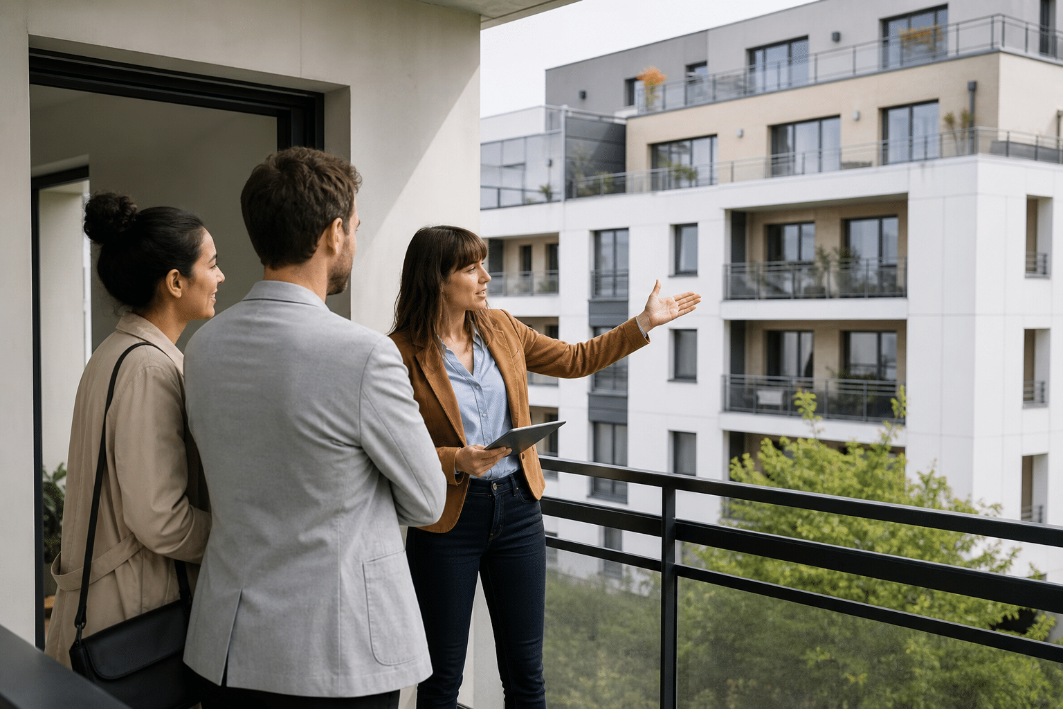 Agent immobilier présentant le balcon d'un appartement moderne