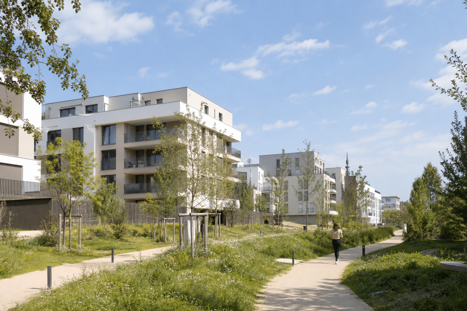 Immeubles résidentiels modernes le long d'un chemin piéton