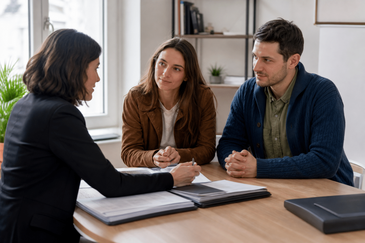 Conseillère expliquant des documents à un couple