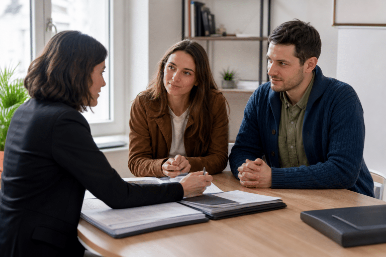 Conseillère expliquant des documents à un couple
