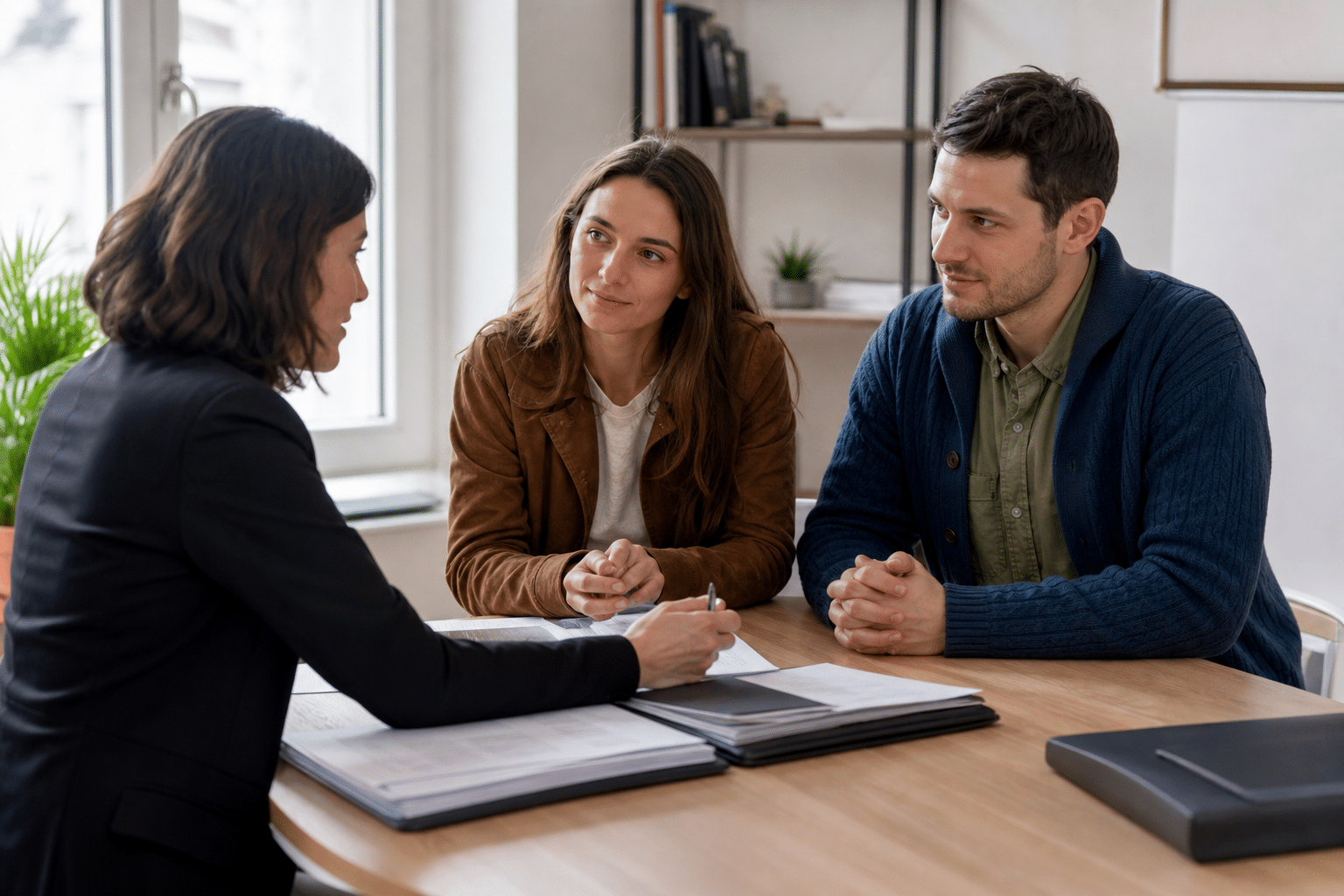 Conseillère expliquant des documents à un couple