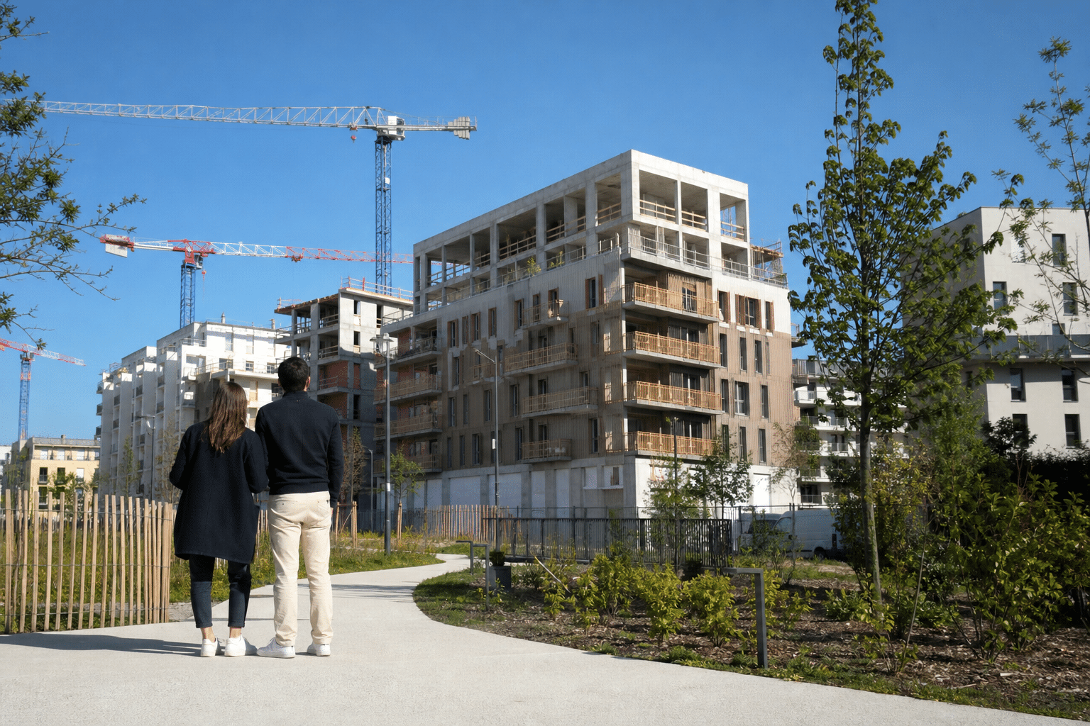 Deux personnes marchant devant immeuble résidentiel en construction