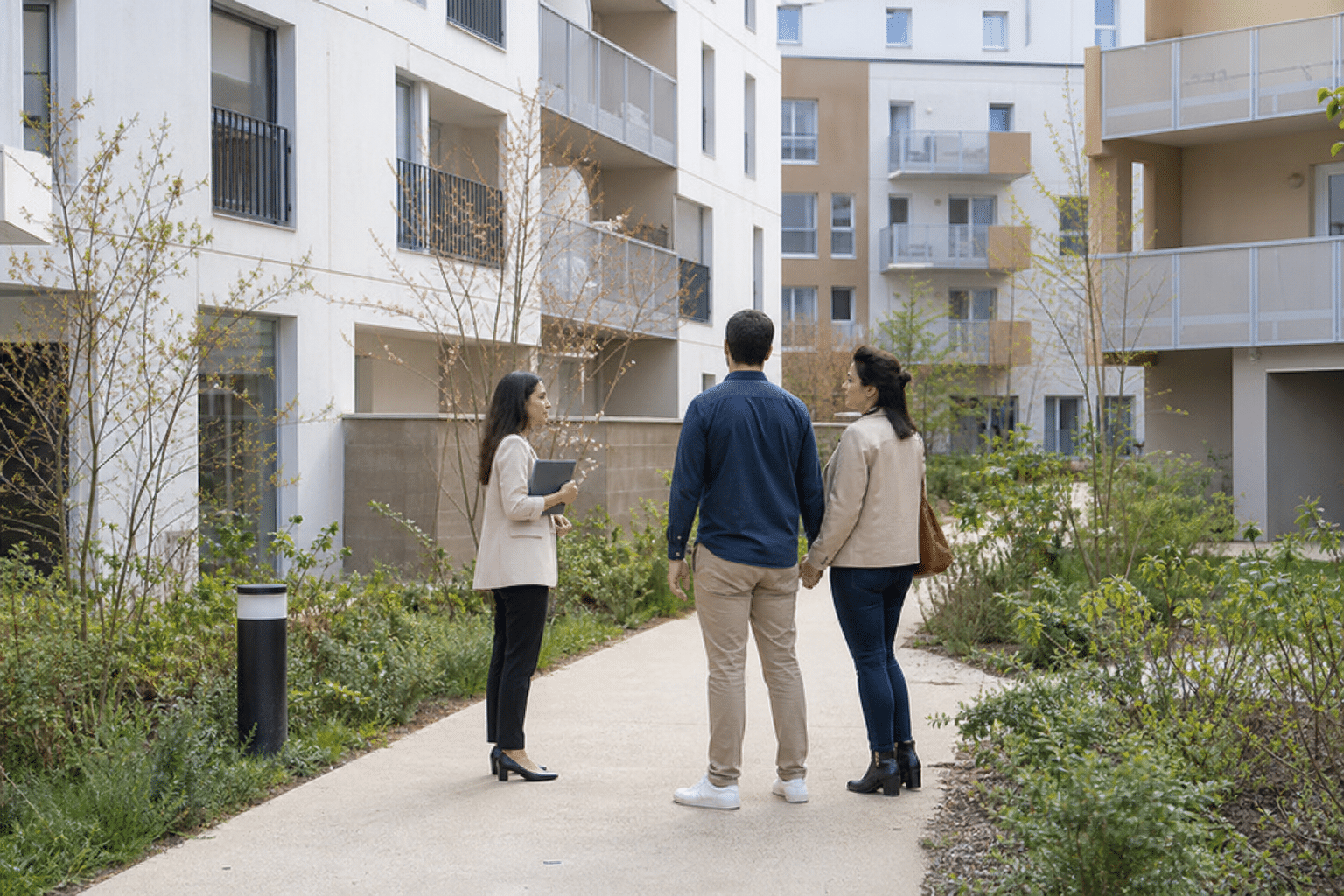 Trois personnes discutent dans une cour d'immeubles résidentiels