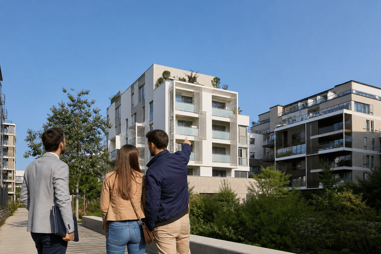 Couple pointant un immeuble blanc aux balcons modernes