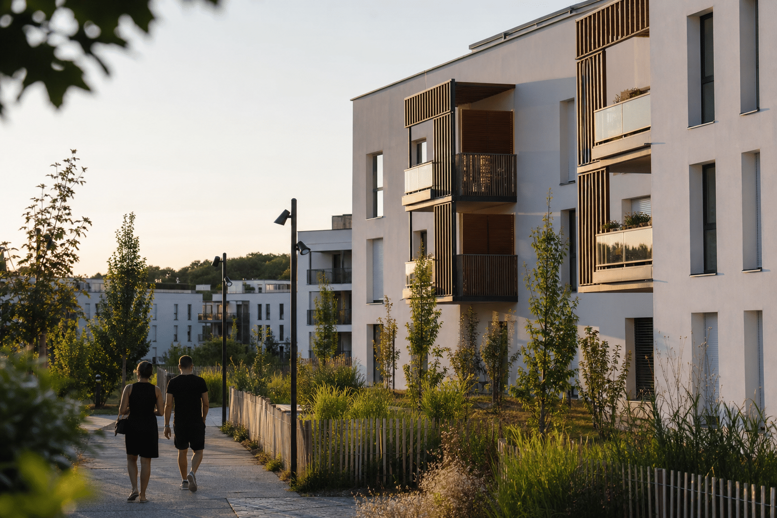 Promeneurs devant immeubles résidentiels modernes avec balcons
