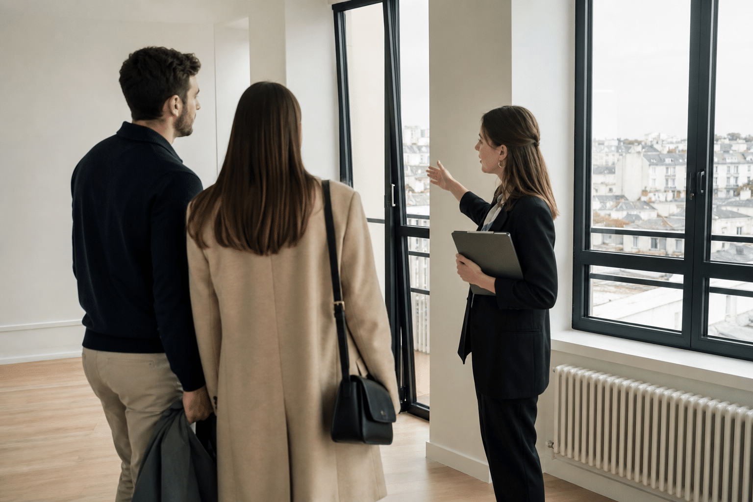 Agent immobilier montre la vue d'un appartement
