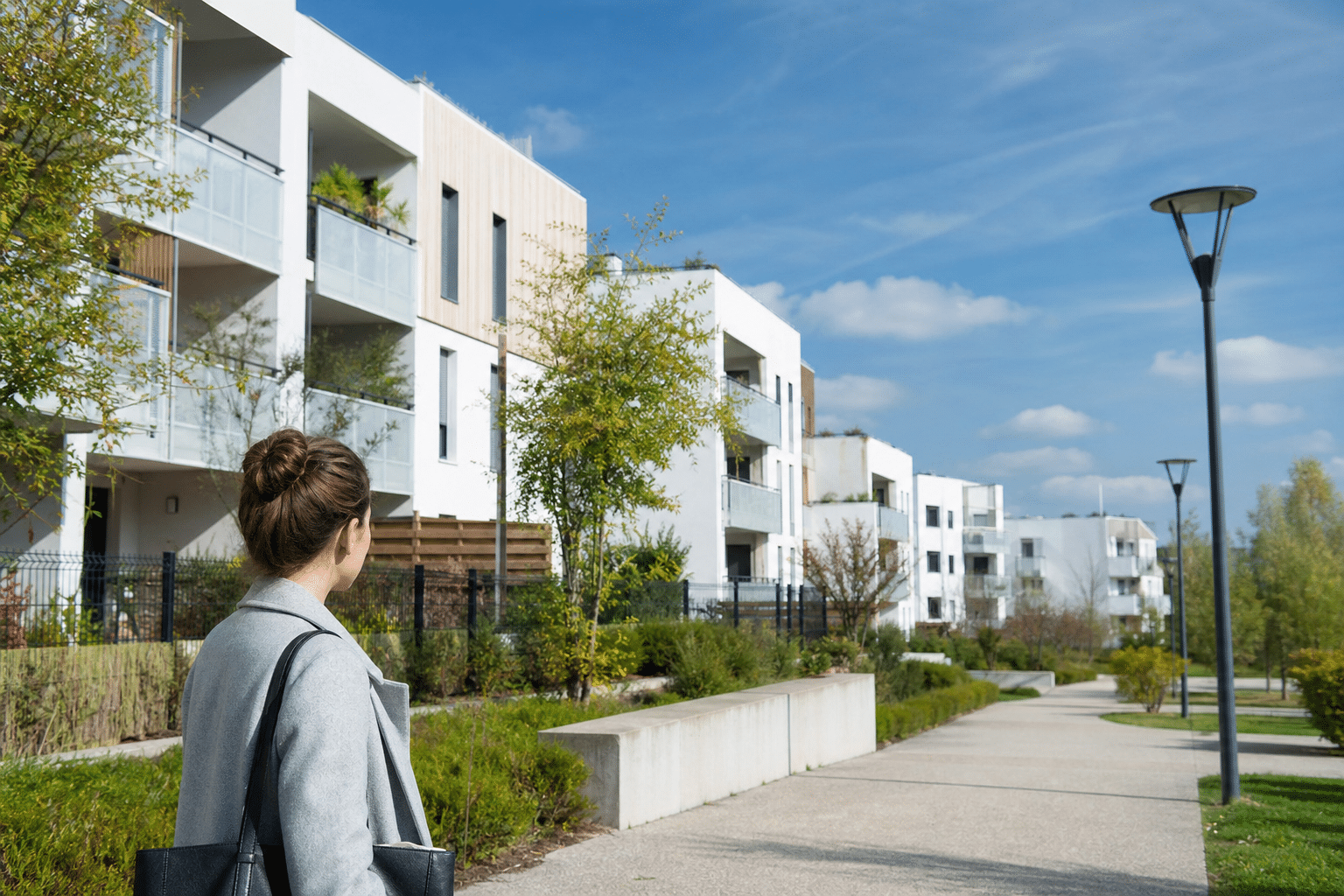Femme regardant des appartements résidentiels modernes
