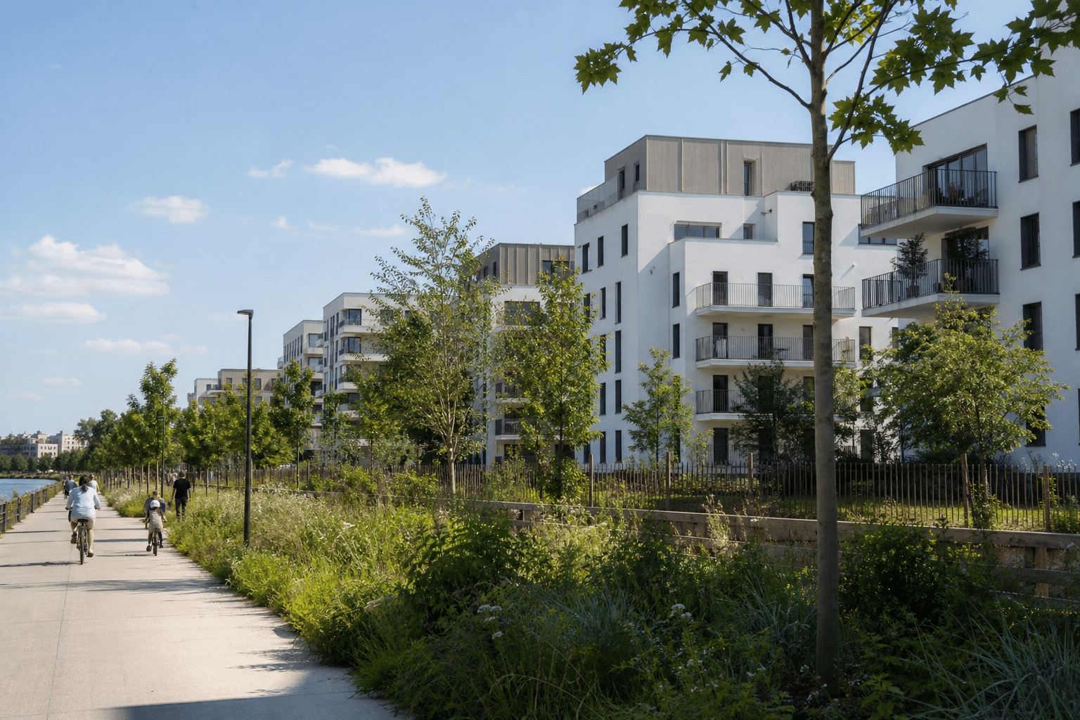 Immeubles résidentiels modernes le long d'une promenade