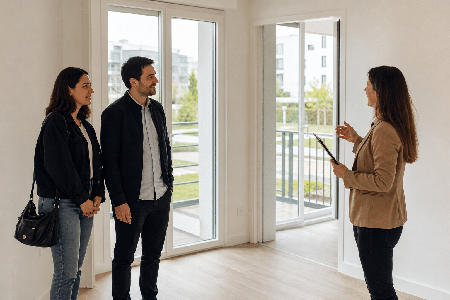 Agent immobilier présentant un appartement lumineux au couple