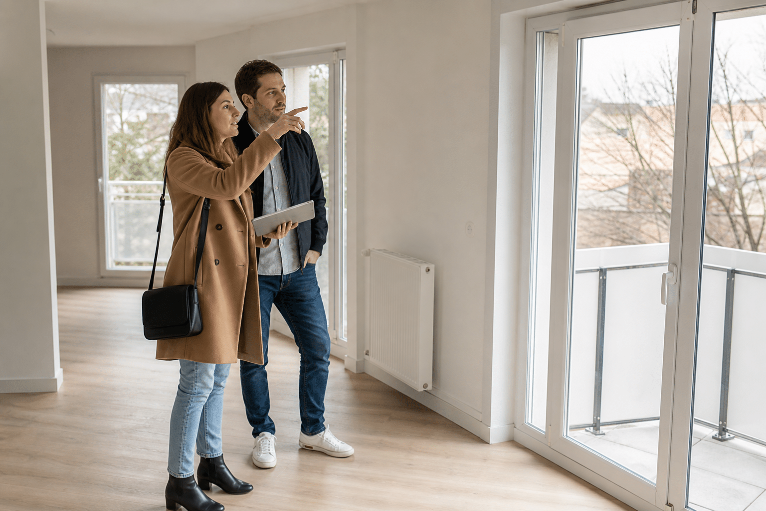 Couple visitant un appartement vide et lumineux