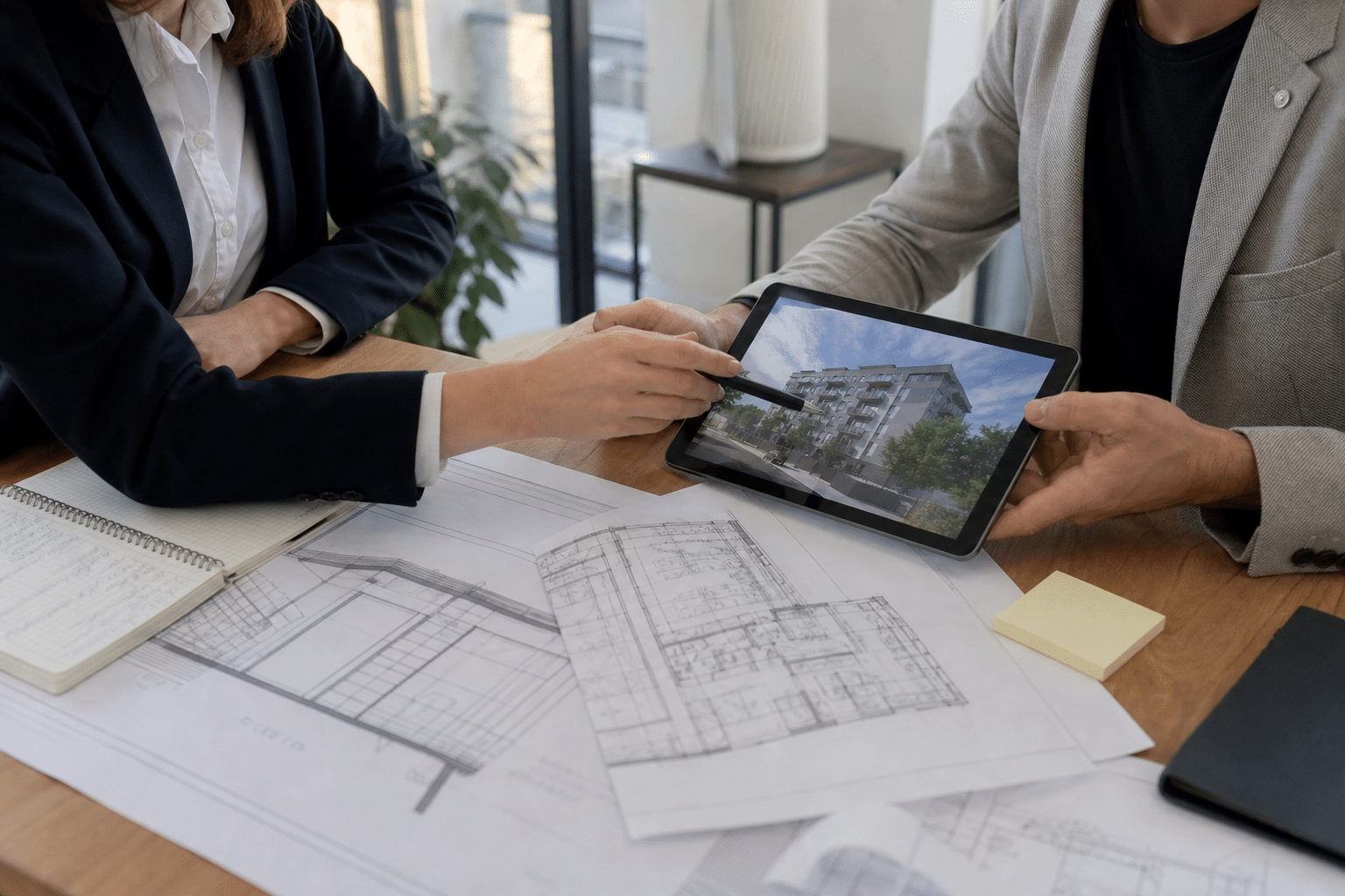 Professionnels examinant plans d'architecture et rendu 3D