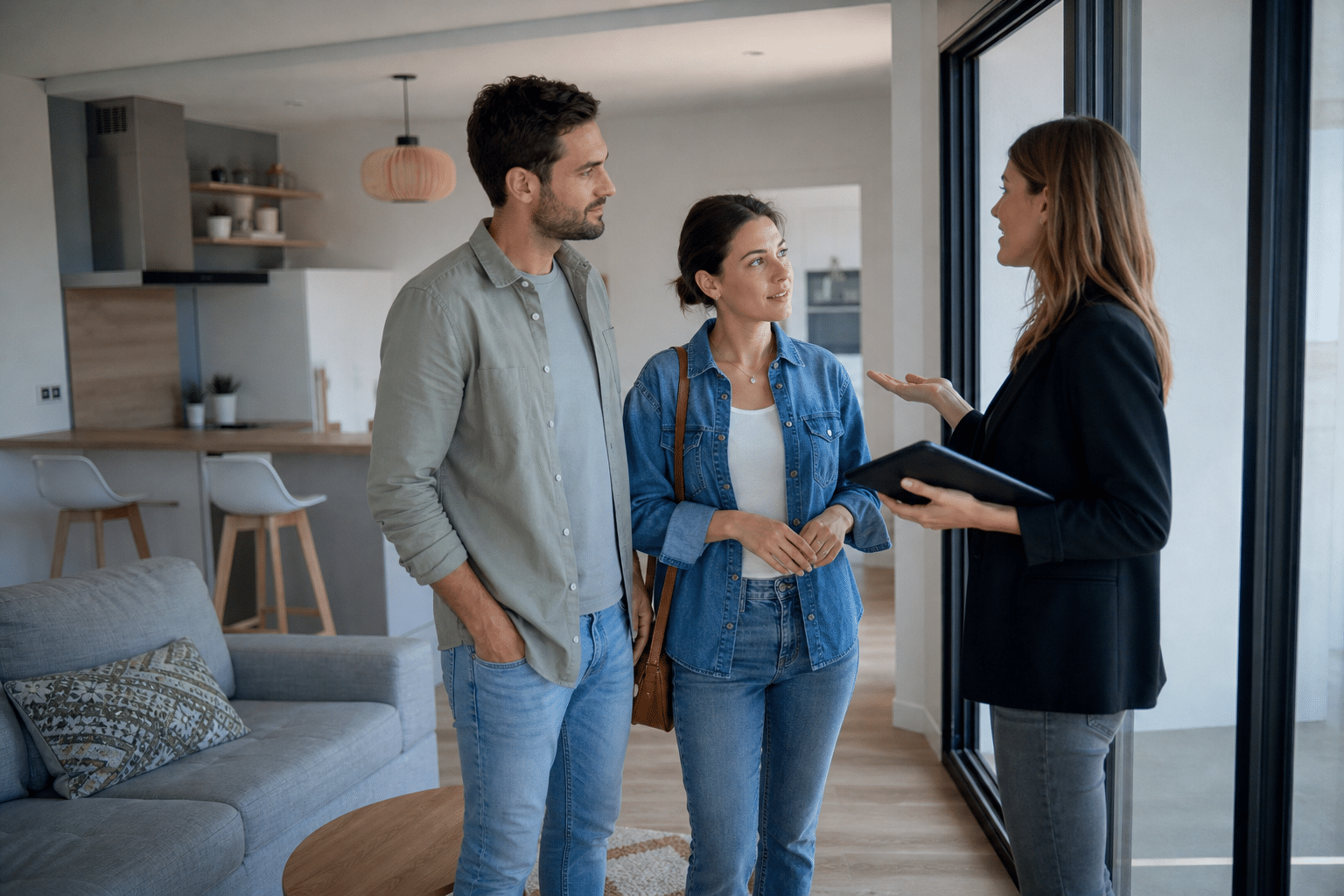 Couple visite un appartement avec une agente immobilière