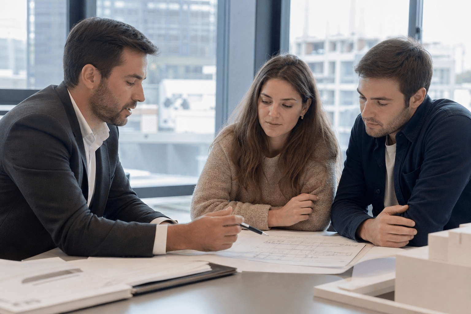 Trois collègues examinant des plans sur une table
