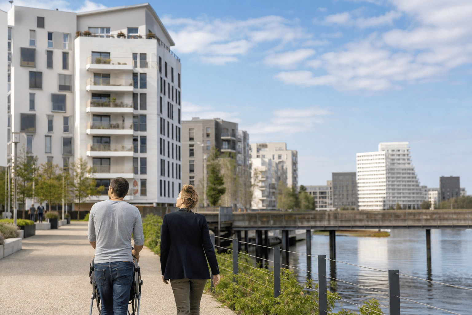 Deux personnes marchant le long d'un canal urbain bordé d'immeubles