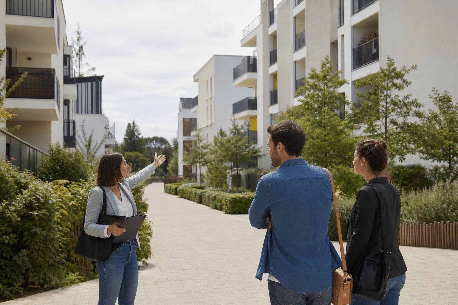 Conseillère présentant des appartements à deux visiteurs
