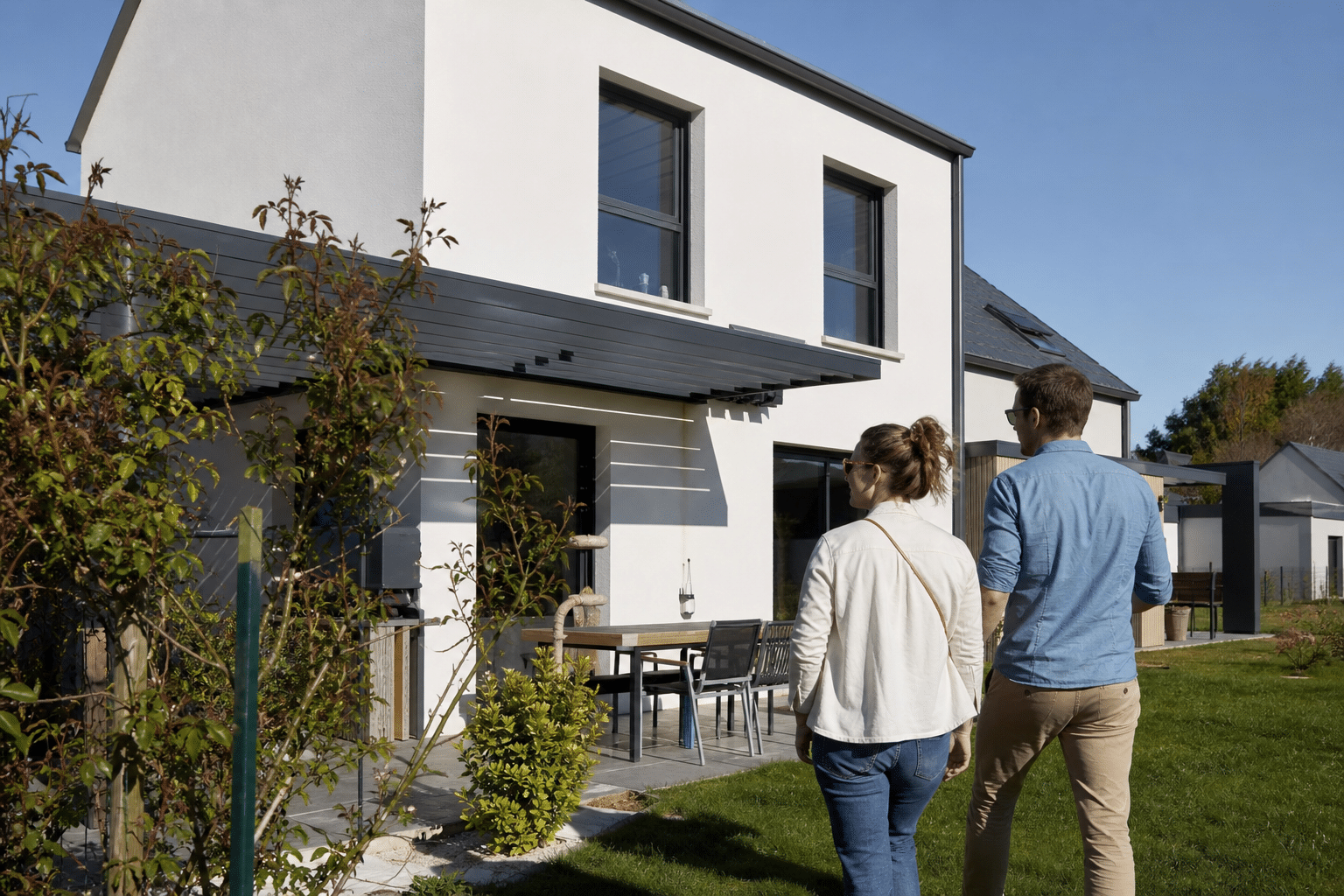 Couple marchant vers une maison moderne