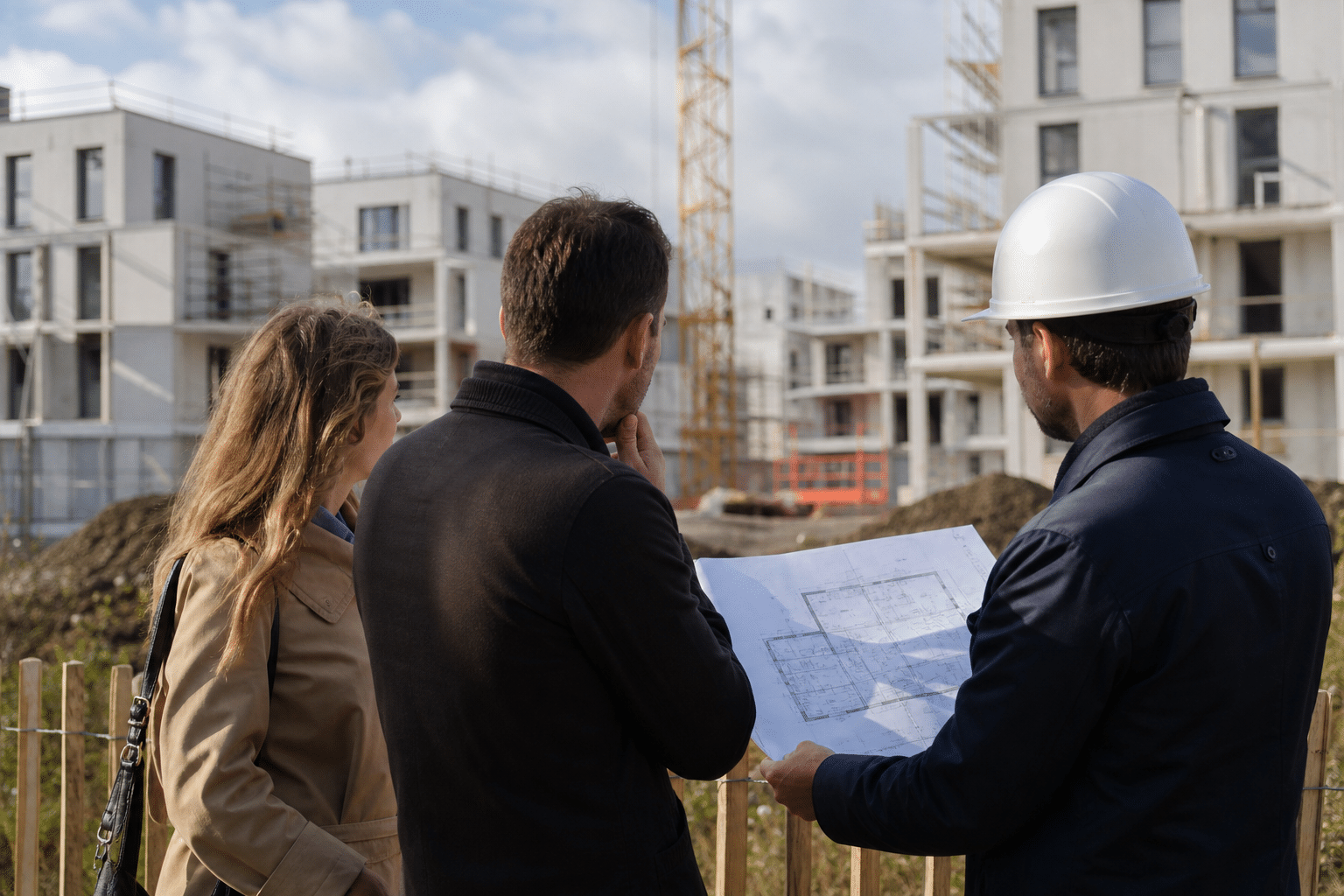 Trois professionnels examinant un plan sur chantier