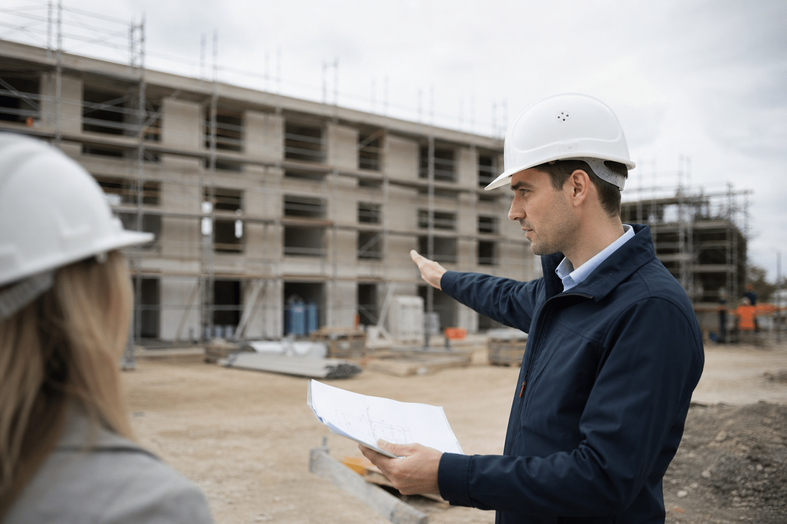 Chef de chantier en casque montrant des plans vers bâtiment