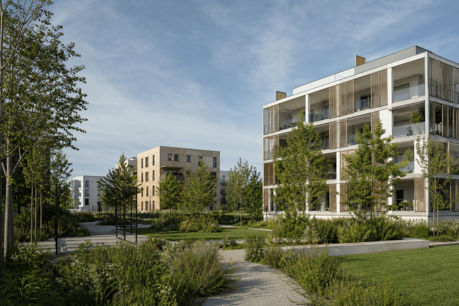 Immeubles résidentiels modernes autour d'un jardin paysager