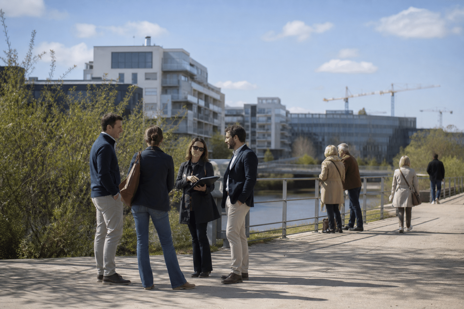 Quatre personnes discutant sur une promenade au bord de l'eau