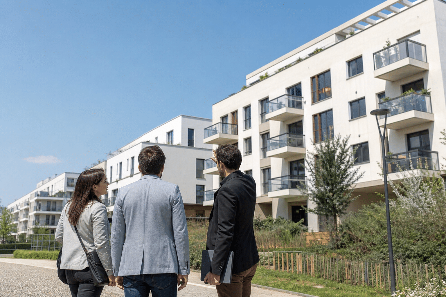 Trois personnes regardant un immeuble résidentiel moderne