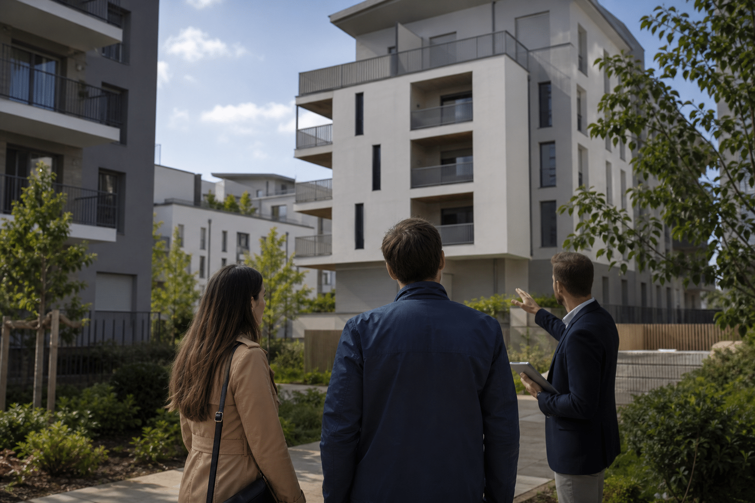 Trois personnes observant un immeuble d'appartements moderne