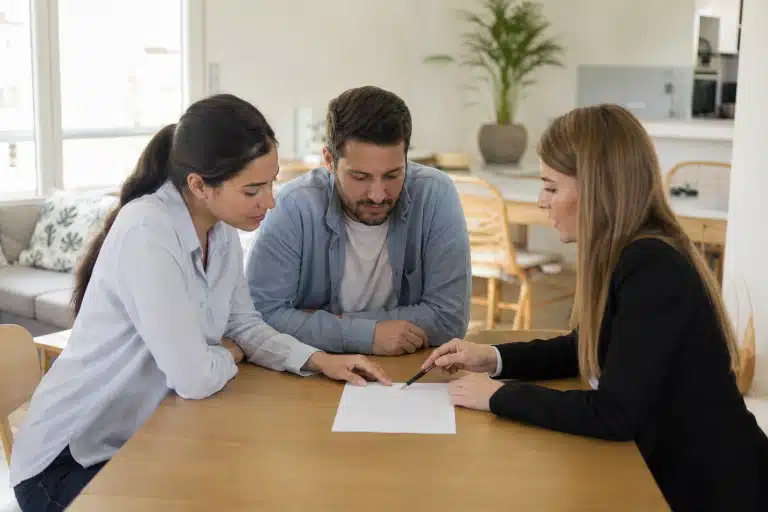 Trois personnes signant un contrat autour d'une table