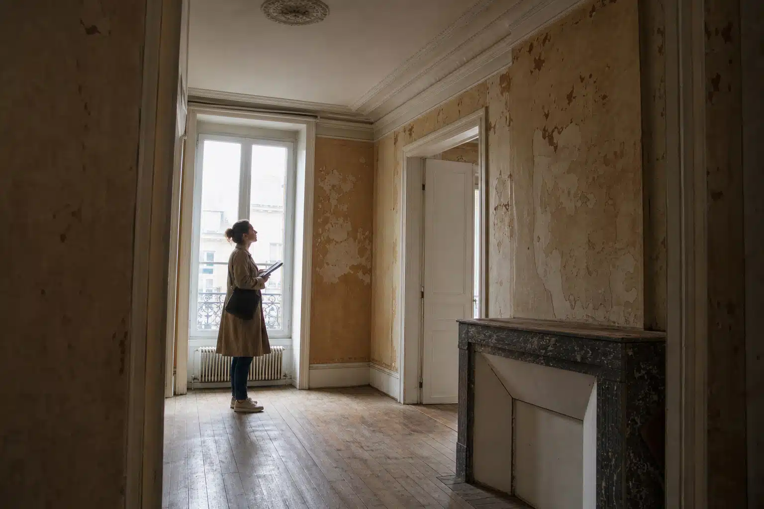 Femme en manteau et chapeau regardant la fenêtre
